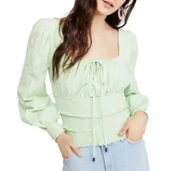 Free People Lolita Mint Green Smocked Square Neck Top Long Sleeve M - Picture 3 of 7